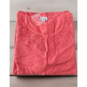 Denim & Co Womens 3X Button Front Top Elbow Sleeves‎ Crochet Trim Coral Rose NWT